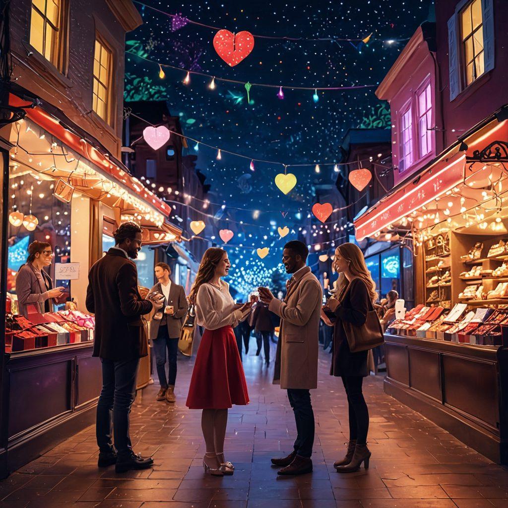 A whimsical digital marketplace scene filled with romantic gifts like heart-shaped chocolates, elegant jewelry, and handmade love letters, all illuminated by vibrant, glowing neon lights. Friendly avatars representing diverse couples engage in joyful interactions while browsing unique online shops. The backdrop features a dreamy, starry sky that evokes feelings of love and connection. super-realistic. vibrant colors. digital art.