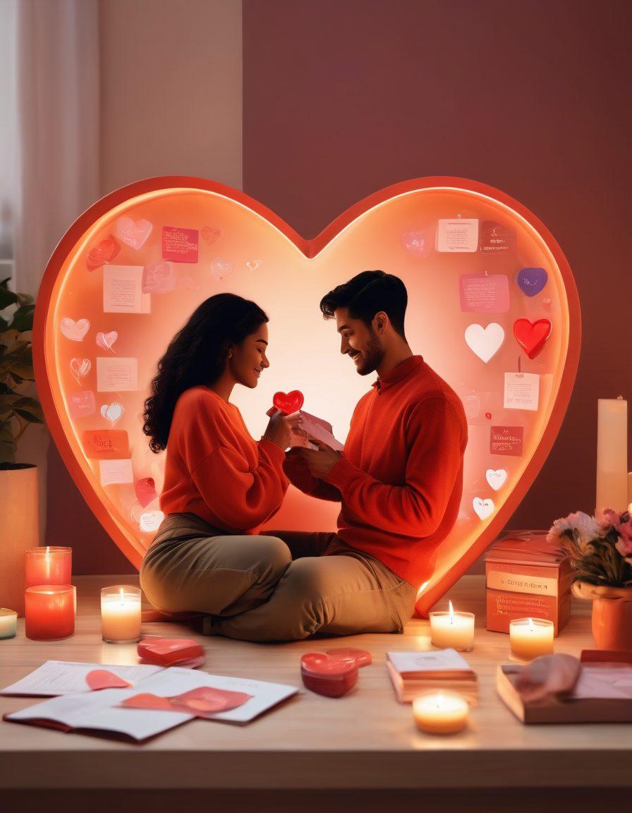 A colorful collage depicting virtual hugs transforming into love products like heart-shaped gifts, aromatic candles, and personalized notes, with warm, inviting colors and digital heart icons hovering in the background. The scene illustrates a cozy online interaction between two people, showcasing screens displaying affectionate messages. An aura of connection and warmth is emphasized. vibrant colors. modern illustration.